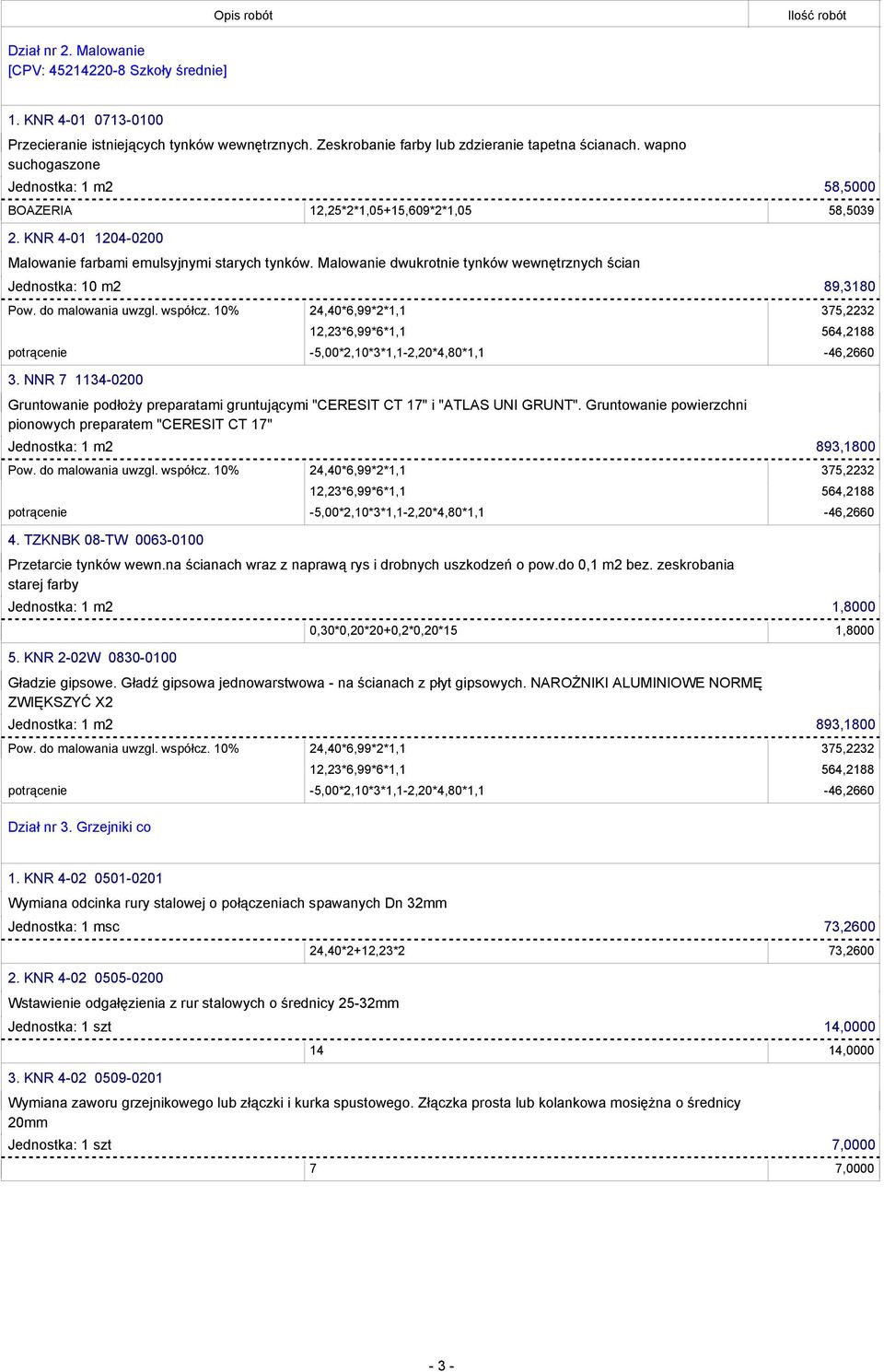 Malowanie dwukrotnie tynków wewnętrznych ścian Jednostka: 10 m2 89,3180 3. NNR 7 1134-0200 Gruntowanie podłoży preparatami gruntującymi "CERESIT CT 17" i "ATLAS UNI GRUNT".