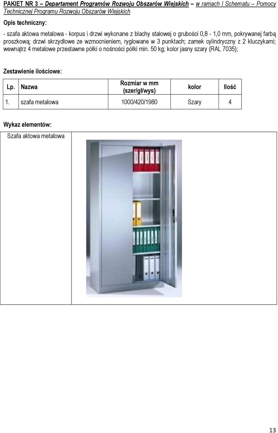 ryglowane w 3 punktach; zamek cylindryczny z 2 kluczykami; wewnątrz 4 metalowe przestawne półki o nośności półki min.