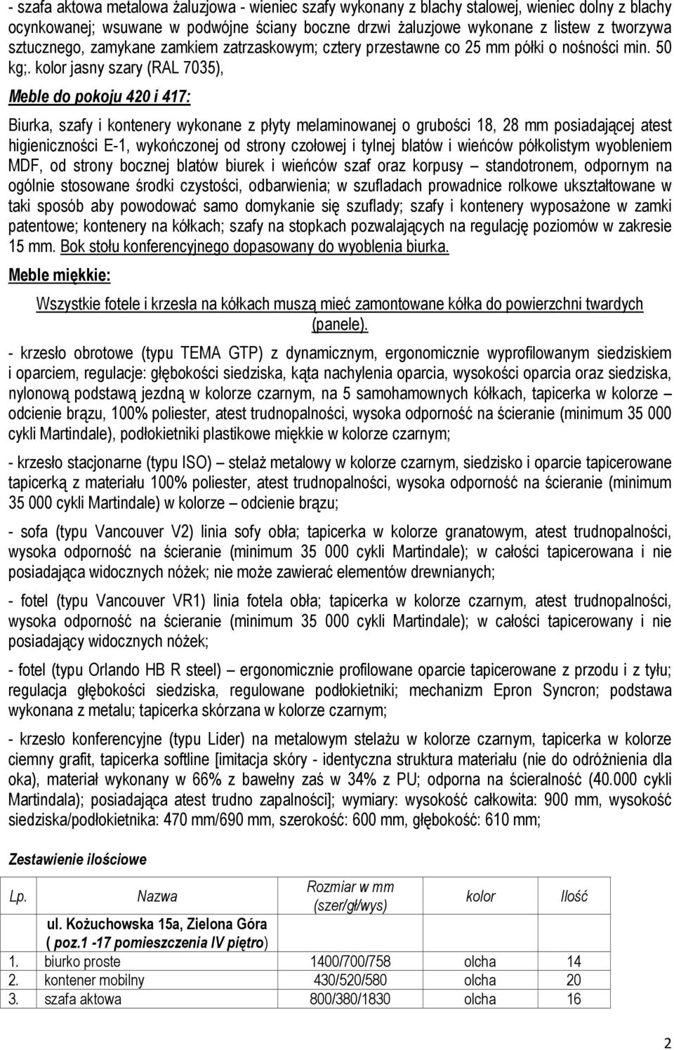 kolor jasny szary (RAL 7035), Meble do pokoju 420 i 417: Biurka, szafy i kontenery wykonane z płyty melaminowanej o grubości 18, 28 mm posiadającej atest higieniczności E-1, wykończonej od strony