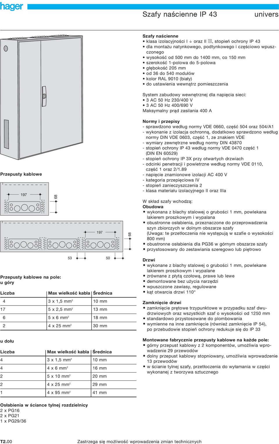 50 Hz 400/690 V Maksymalny prąd zasilania 400 Przepusty kablowe 197 68 197 68 Normy i przepisy - sprawdzono według normy VDE 0660, część 504 oraz 504/1 - wykonanie z izolacja ochronną, dodatkowo