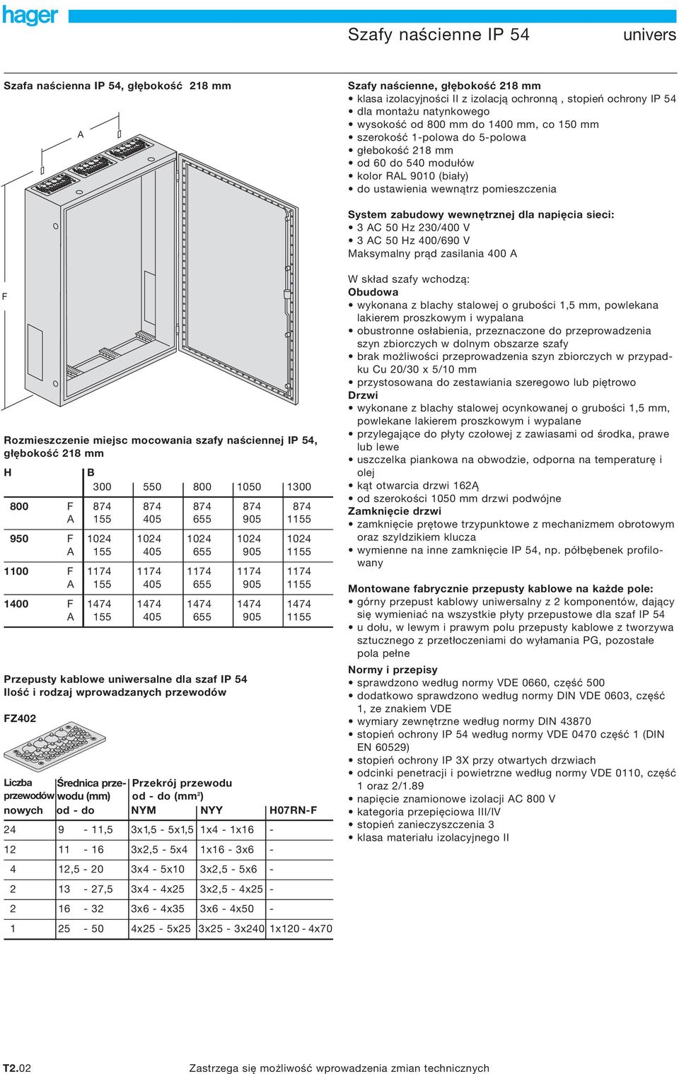 sieci: 3 C 50 Hz 230/400 V 3 C 50 Hz 400/690 V Maksymalny prąd zasilania 400 F Rozmieszczenie miejsc mocowania szafy naściennej IP 54, głębokość 218 mm H 300 550 800 1050 1300 800 F 950 F 1100 F 1400