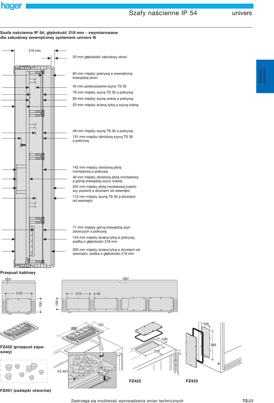 pokrywą 131 mm między obniżoną szyną TS 35 a pokrywą 142 mm między obniżoną płytą montażową a pokrywą 46 mm między obniżoną płytą montażową a górną krawędzią szyny nośnej 204 mm między płytą