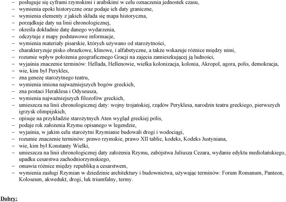 starożytności, charakteryzuje pisko obrazkowe, klinowe, i alfabetyczne, a także wskazuje różnice między nimi, rozumie wpływ położenia geograficznego Gracji na zajęcia zamieszkującej ją ludności,