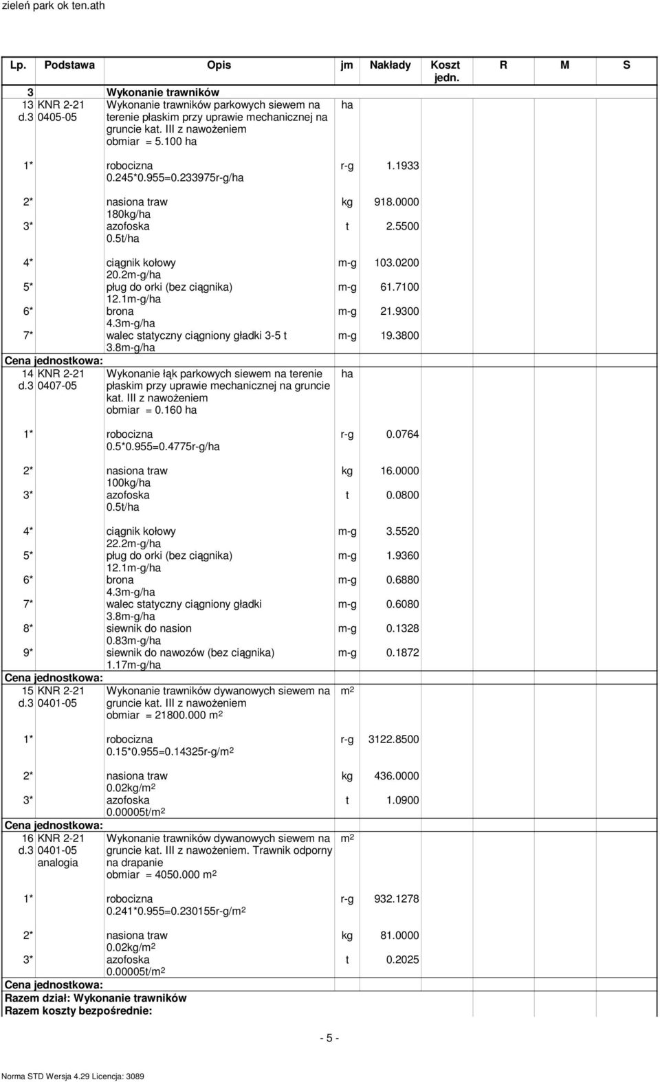 3m-g/ 7* walec statyczny ciągniony gładki 3-5 t 3.8m-g/ 14 Wykonanie łąk parkowych siewem na terenie d.3 0407-05 płaskim przy uprawie mecnicznej na gruncie kat. III z nawoŝeniem obmiar = 0.