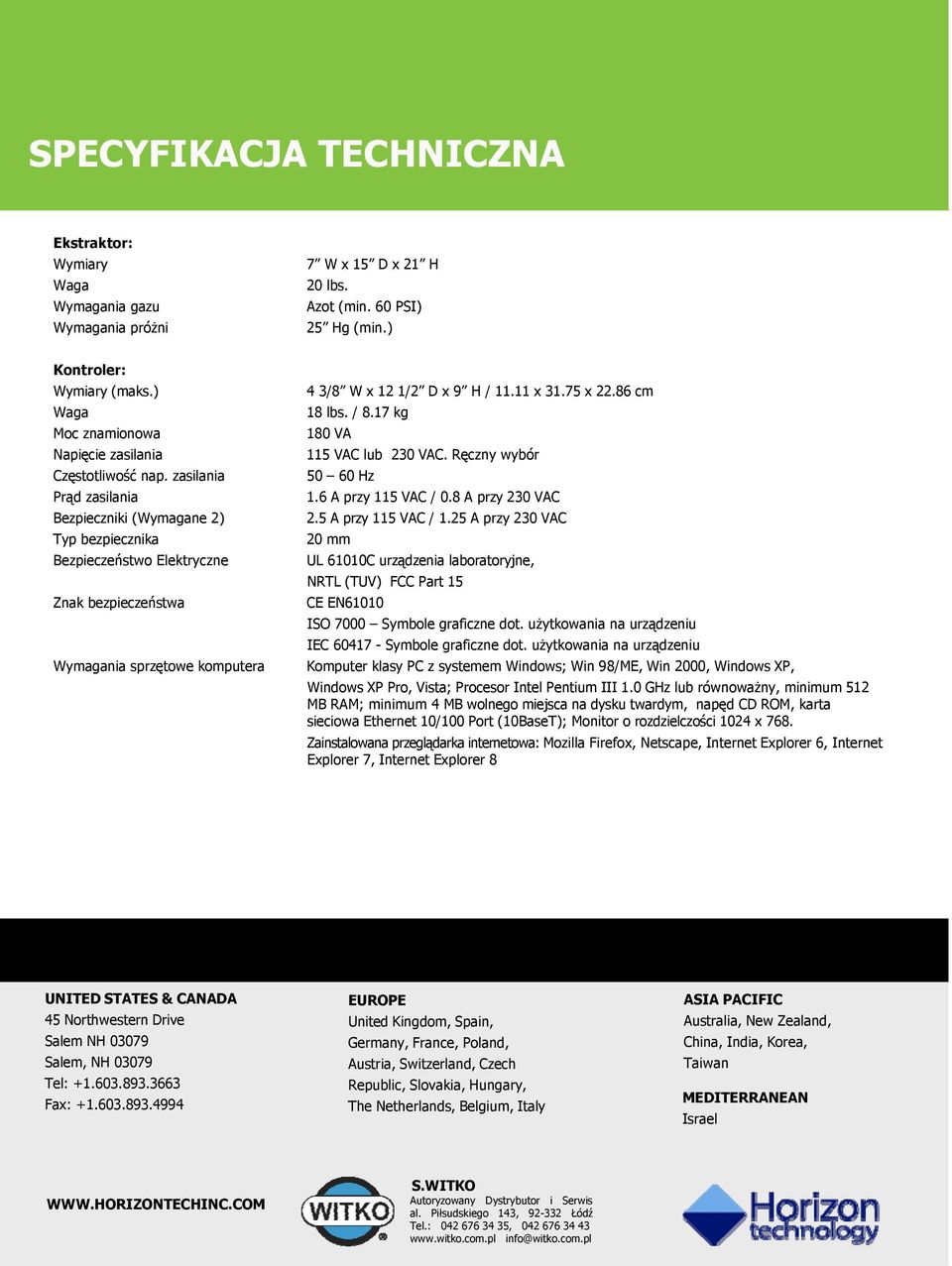 zasilania Prąd zasilania Bezpieczniki (Wymagane 2) Typ bezpiecznika Bezpieczeństwo Elektryczne Znak bezpieczeństwa Wymagania sprzętowe komputera 4 3/8 W x 12 1/2 D x 9 H / 11.11 x 31.75 x 22.