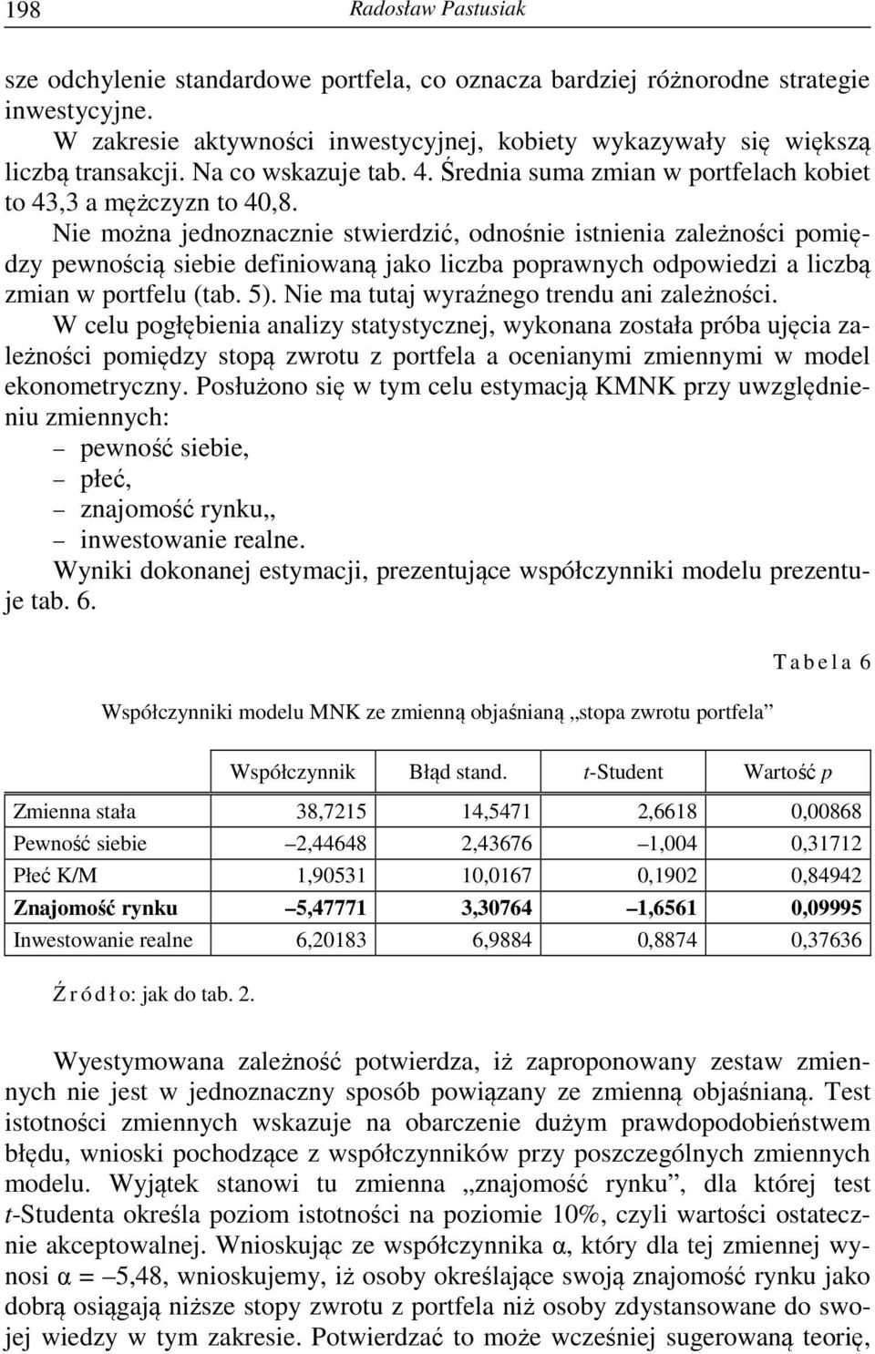 Nie można jednoznacznie stwierdzić, odnośnie istnienia zależności pomiędzy pewnością siebie definiowaną jako liczba poprawnych odpowiedzi a liczbą zmian w portfelu (tab. 5).