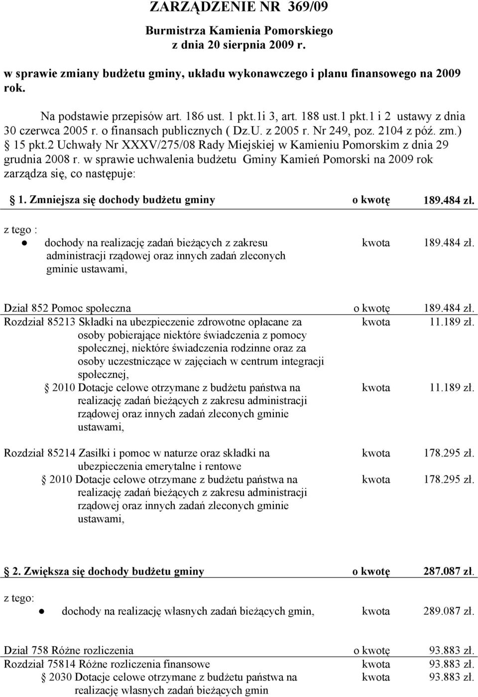 2 Uchwały Nr XXXV/275/08 Rady Miejskiej w Kamieniu Pomorskim z dnia 29 grudnia 2008 r. w sprawie uchwalenia budżetu Gminy Kamień Pomorski na 2009 rok zarządza się, co następuje: 1.