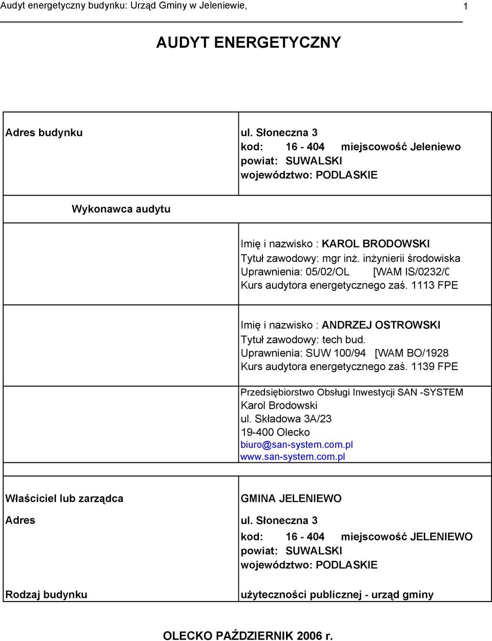 inżynierii środowiska Uprawnienia: 5/2/OL [WAM IS/232/2] Kurs audytora energetycznego zaś. 1113 FPE Imię i nazwisko : ANDRZEJ OSTROWSKI Tytuł zawodowy: tech bud.