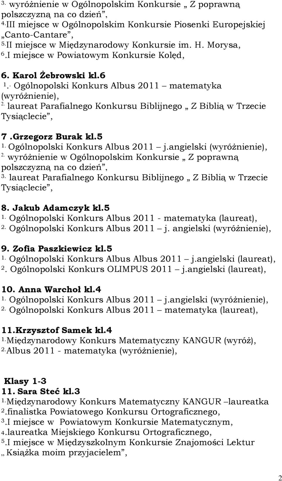 Grzegorz Burak kl.5 1. Ogólnopolski Konkurs Albus 2011 j.angielski (wyróżnienie), wyróżnienie w Ogólnopolskim Konkursie Z poprawną 3.