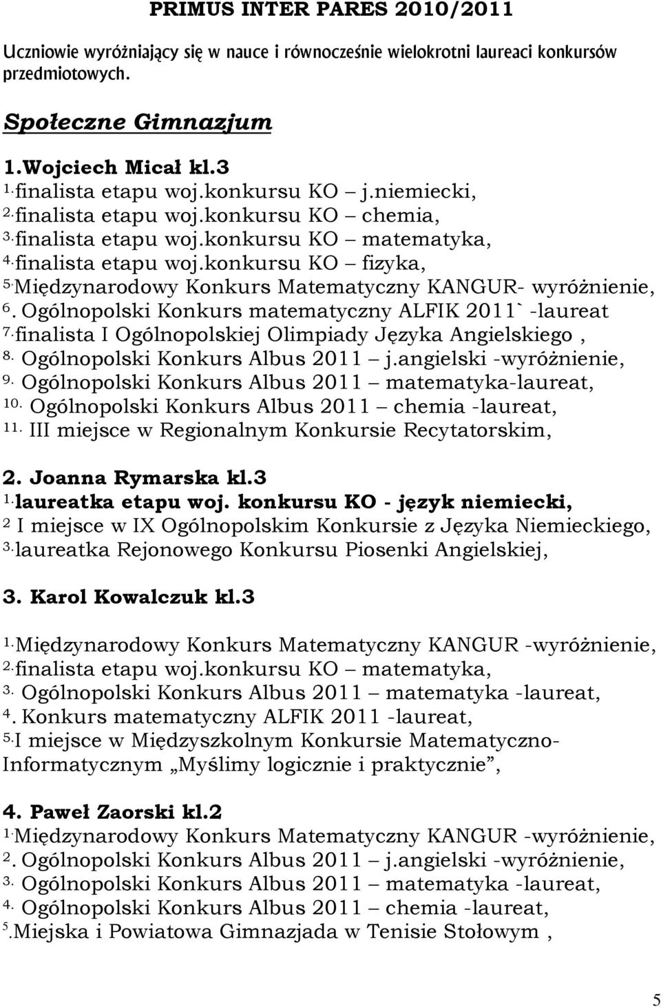 Międzynarodowy Konkurs Matematyczny KANGUR- wyróżnienie, 6. Ogólnopolski Konkurs matematyczny ALFIK 2011` -laureat 7.finalista I Ogólnopolskiej Olimpiady Języka Angielskiego, 8.