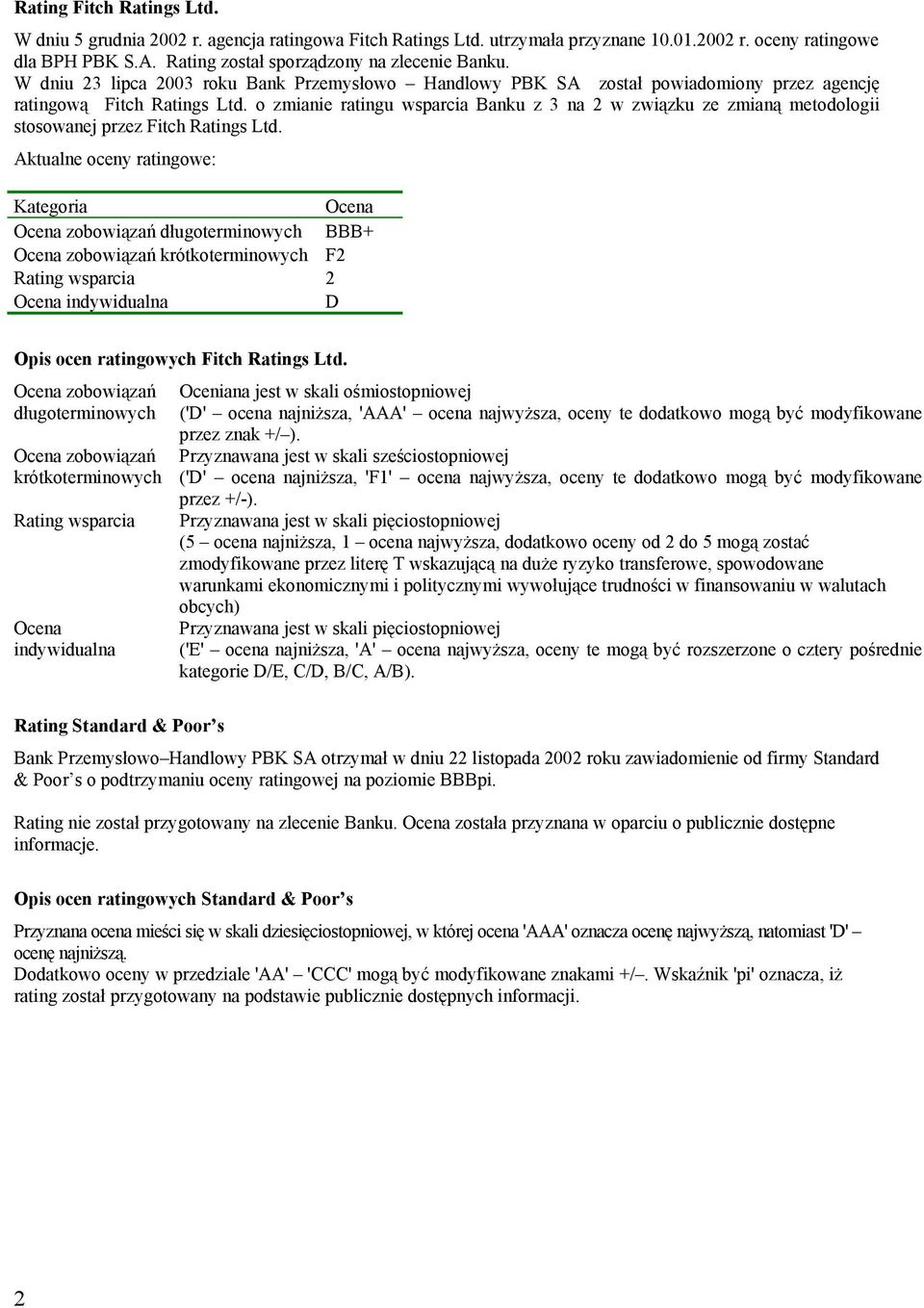 o zmianie ratingu wsparcia Banku z 3 na 2 w związku ze zmianą metodologii stosowanej przez Fitch Ratings Ltd.
