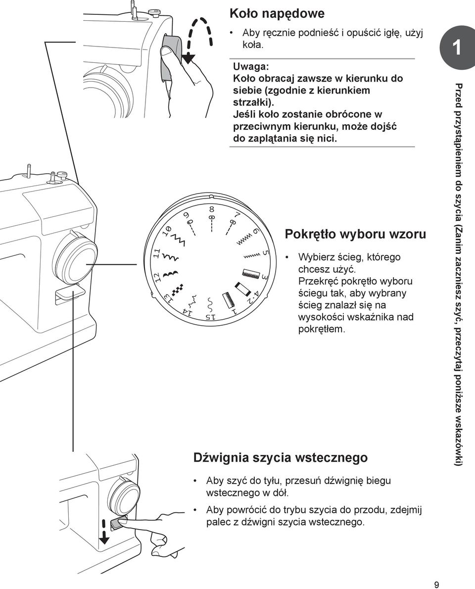 Przekręć pokrętło wyboru ściegu tak, aby wybrany ścieg znalazł się na wysokości wskaźnika nad pokrętłem.