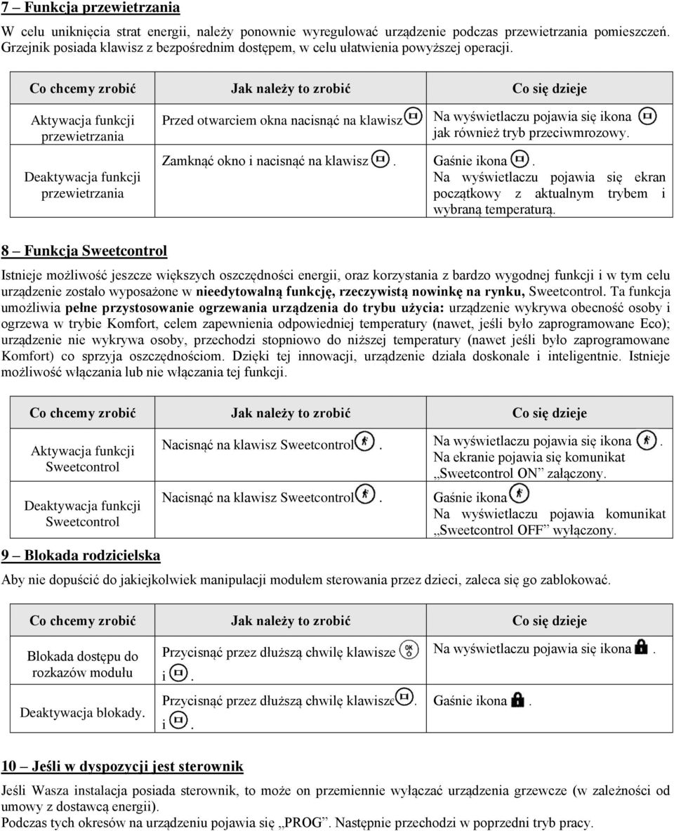 Aktywacja funkcji przewietrzania Deaktywacja funkcji przewietrzania Przed otwarciem okna nacisnąć na klawisz Na wyświetlaczu pojawia się ikona jak również tryb przeciwmrozowy.