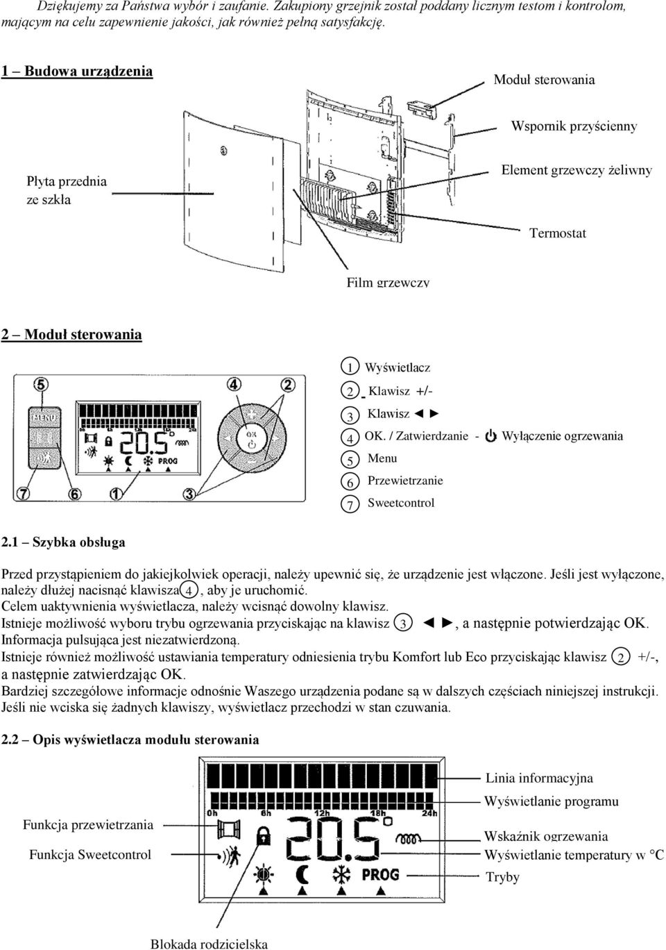 / Zatwierdzanie - Menu Przewietrzanie Sweetcontrol Wyłączenie ogrzewania 2.1 Szybka obsługa Przed przystąpieniem do jakiejkolwiek operacji, należy upewnić się, że urządzenie jest włączone.