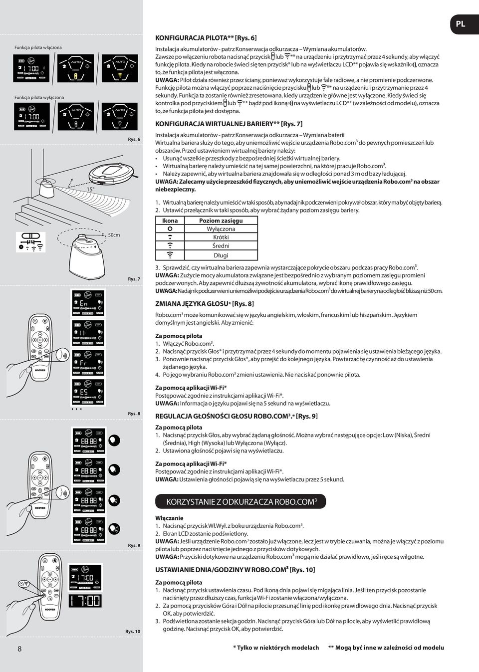 Kiedy na robocie świeci się ten przycisk* lub na wyświetlaczu LCD** pojawia się wskaźnik, oznacza to, że funkcja pilota jest włączona.