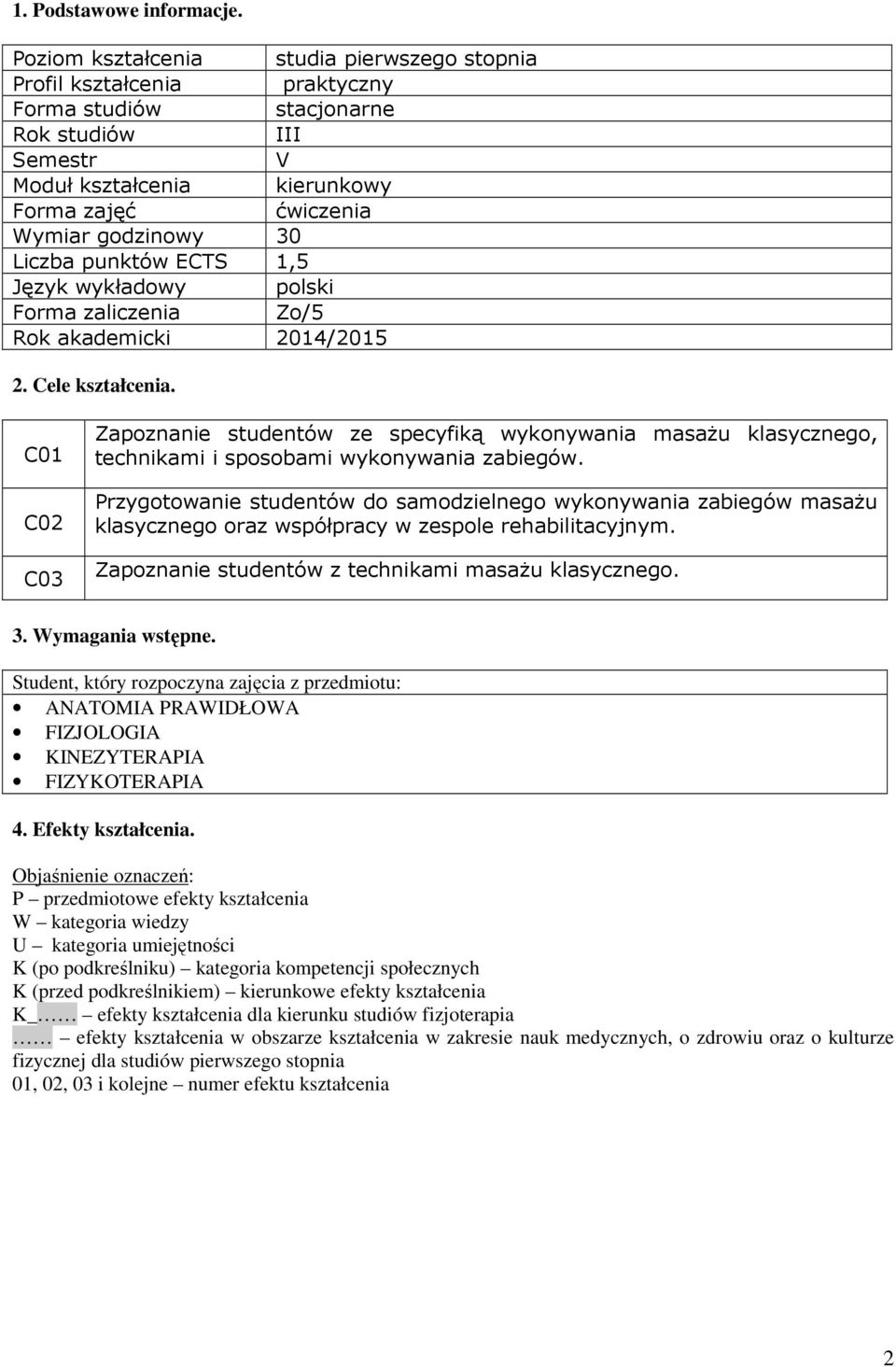 Liczba punktów ECTS 1,5 Język wykładowy polski Forma zaliczenia Zo/5 Rok akademicki 2014/2015 2. Cele kształcenia.