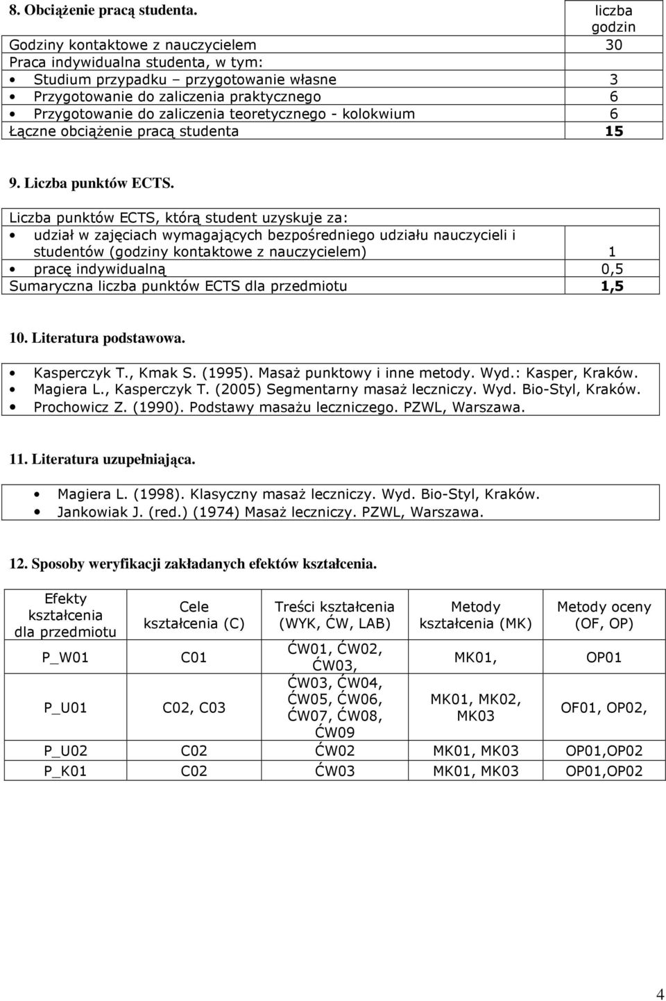 teoretycznego - kolokwium 6 Łączne obciążenie pracą studenta 15 9. Liczba punktów ECTS.