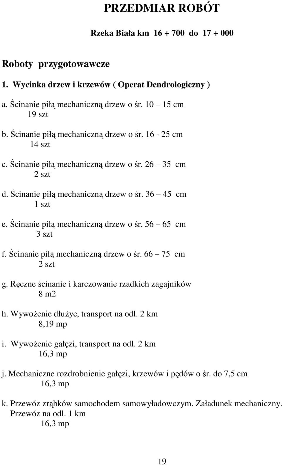 Ścinanie piłą mechaniczną drzew o śr. 56 65 cm 3 szt f. Ścinanie piłą mechaniczną drzew o śr. 66 75 cm 2 szt g. Ręczne ścinanie i karczowanie rzadkich zagajników 8 m2 h.
