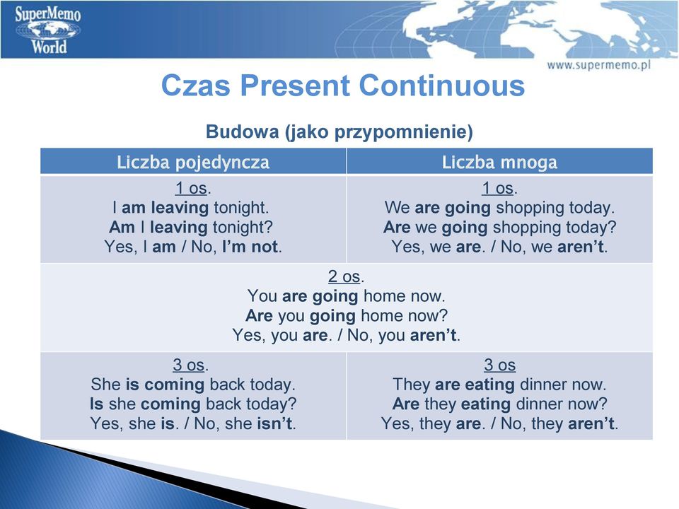 / No, we aren t. 2 os. You are going home now. Are you going home now? Yes, you are. / No, you aren t. 3 os.