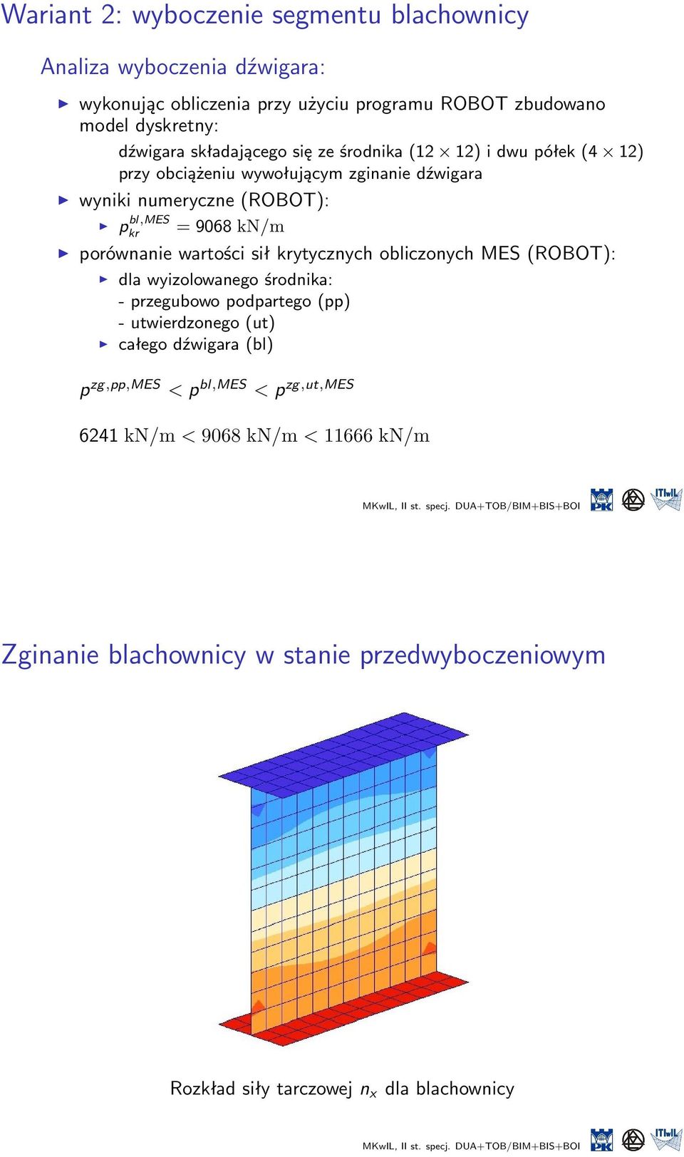 porównanie wartości sił krytycznych obliczonych MES (ROBOT): dla wyizolowanego środnika: - przegubowo podpartego (pp) - utwierdzonego (ut) całego dźwigara