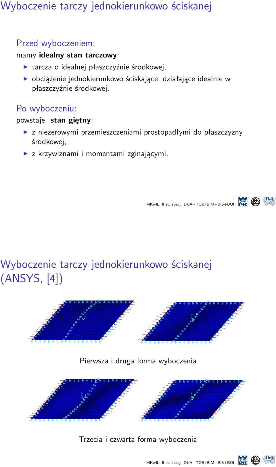 Po wyboczeniu: powstaje stan giętny: z niezerowymi przemieszczeniami prostopadłymi do płaszczyzny środkowej, z krzywiznami