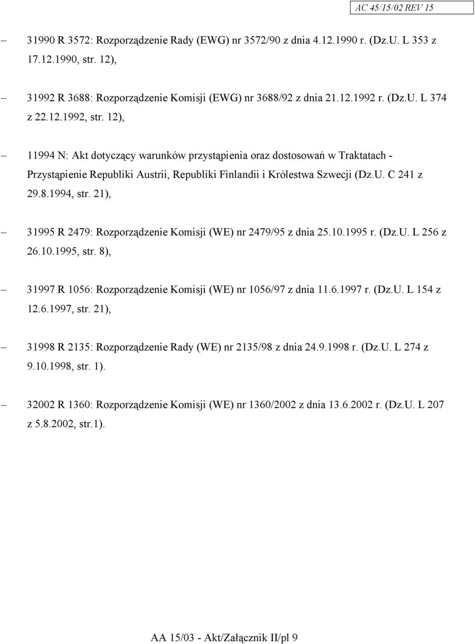 21), 31995 R 2479: Rozporządzenie Komisji (WE) nr 2479/95 z dnia 25.10.1995 r. (Dz.U. L 256 z 26.10.1995, str. 8), 31997 R 1056: Rozporządzenie Komisji (WE) nr 1056/97 z dnia 11.6.1997 r. (Dz.U. L 154 z 12.