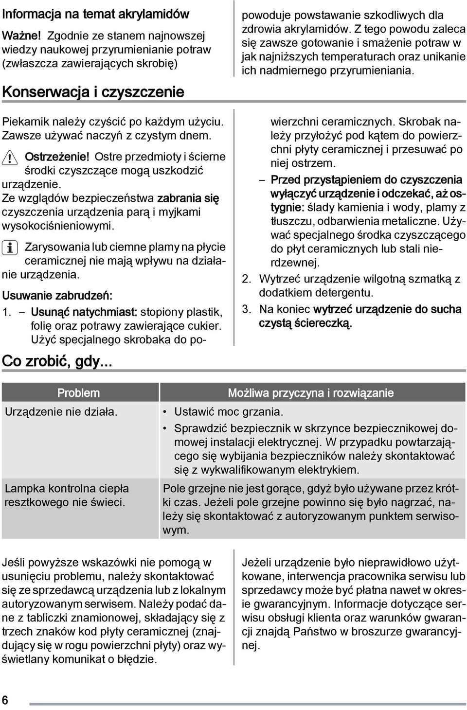 Piekarnik należy czyścić po każdym użyciu. Zawsze używać naczyń z czystym dnem. Ostrzeżenie! Ostre przedmioty i ścierne środki czyszczące mogą uszkodzić urządzenie.