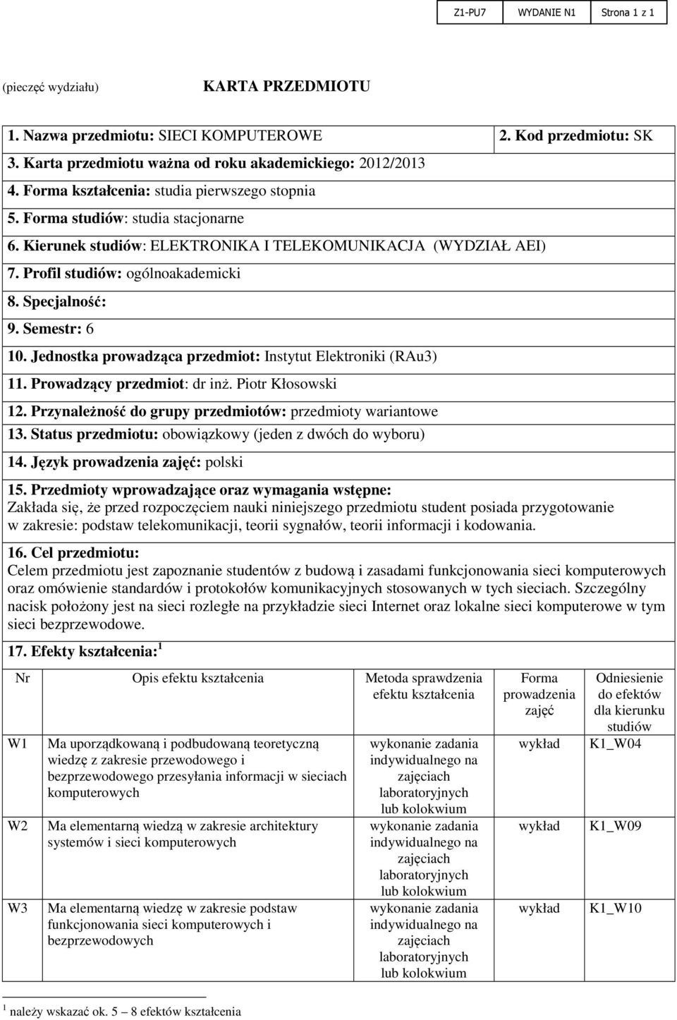 Specjalność: 9. Semestr: 6 10. Jednostka prowadząca przedmiot: Instytut Elektroniki (RAu3) 11. Prowadzący przedmiot: dr inż. Piotr Kłosowski 12.