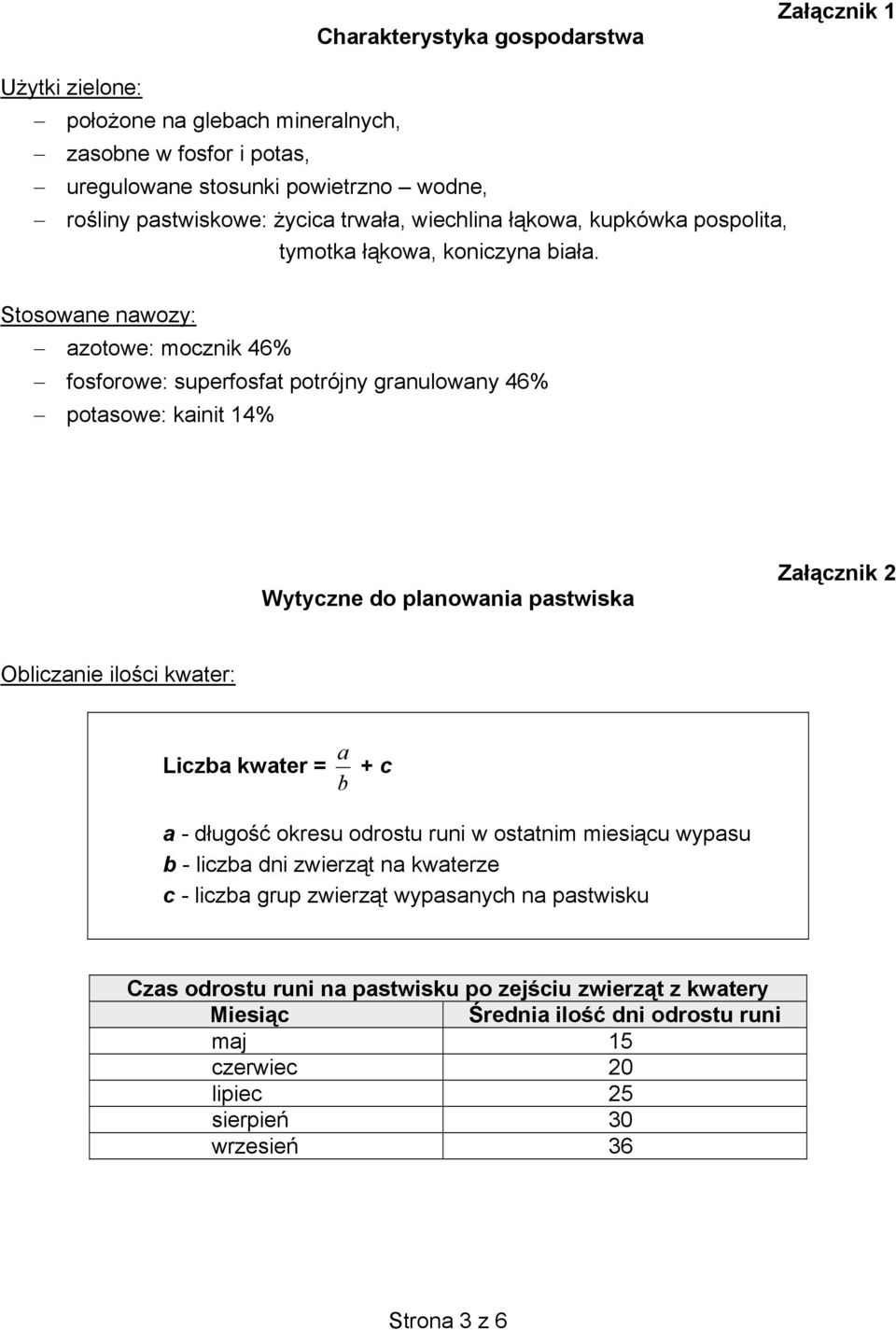 Stosowane nawozy: azotowe: mocznik 46% fosforowe: superfosfat potrójny granulowany 46% potasowe: kainit 14% Wytyczne do planowania pastwiska Załącznik 2 Obliczanie ilości kwater: Liczba kwater