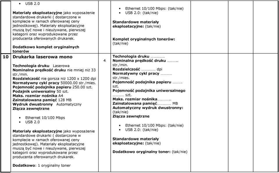 Dodatkowo komplet oryginalnych tonerów 10 Drukarka laserowa mono Technologia druku Laserowa Nominalna prędkość druku nie mniej niż 33 str./min.