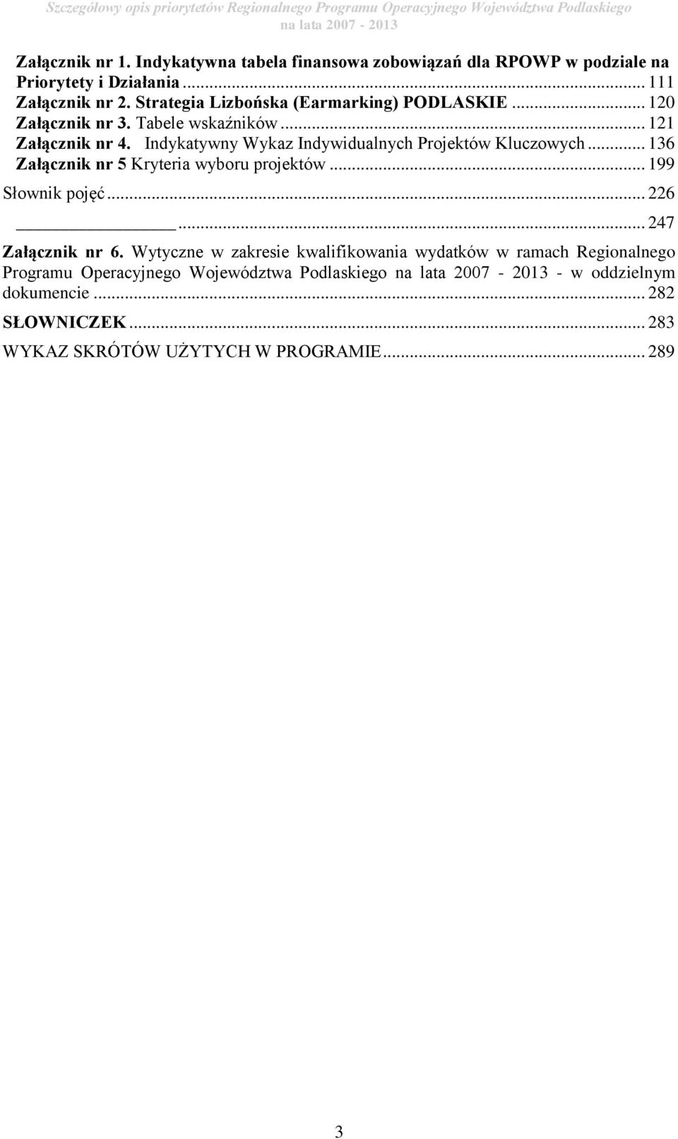 Indykatywny Wykaz Indywidualnych Projektów Kluczowych... 136 Załącznik nr 5 Kryteria wyboru projektów... 199 Słownik pojęć... 226.