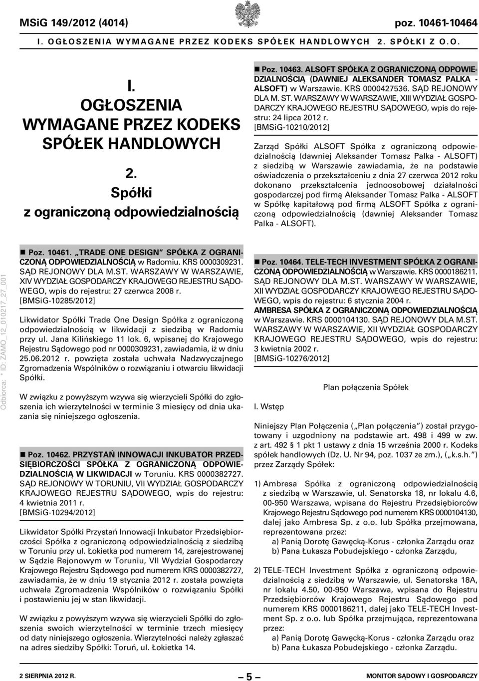 WARSZAWY W WARSZAWIE, XIII WYDZIAŁ GOSPO- wpis do rejestru: 24 lipca 2012 r.
