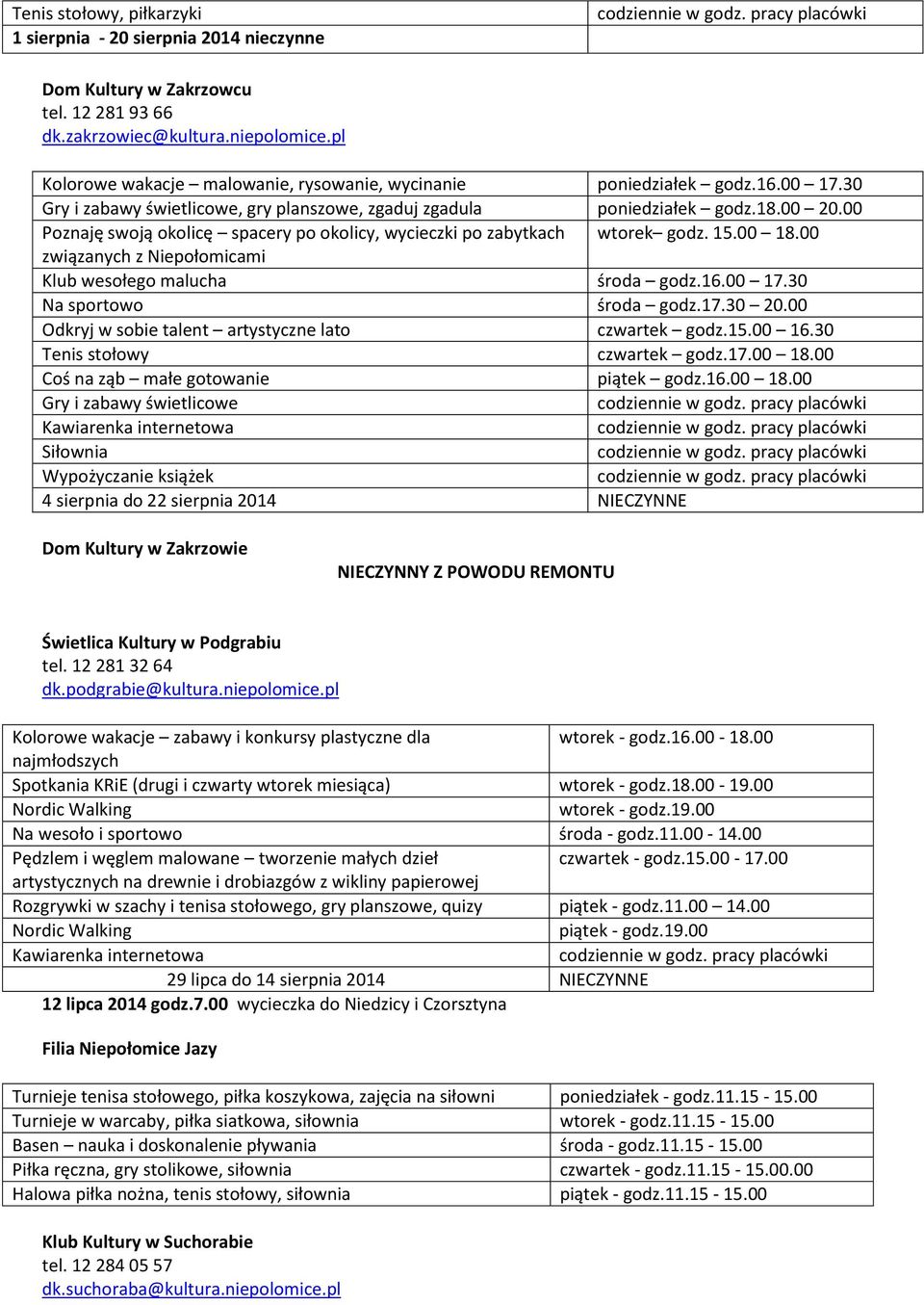 00 Poznaję swoją okolicę spacery po okolicy, wycieczki po zabytkach wtorek godz. 15.00 18.00 związanych z Niepołomicami Klub wesołego malucha środa godz.16.00 17.30 Na sportowo środa godz.17.30 20.