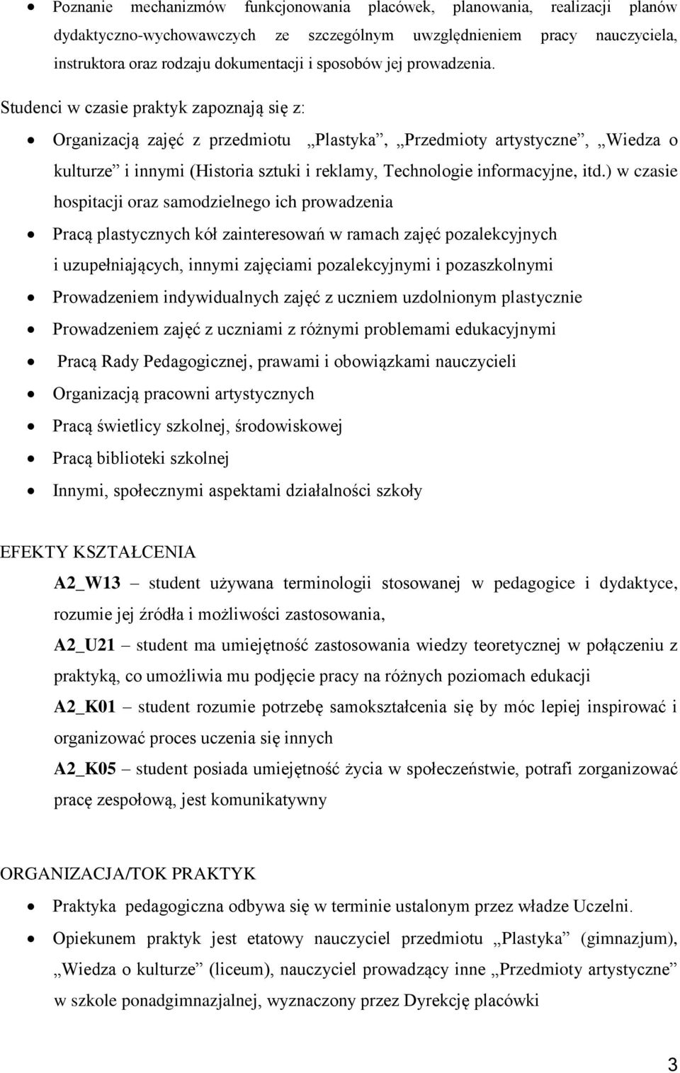 Studenci w czasie praktyk zapoznają się z: Organizacją zajęć z przedmiotu Plastyka, Przedmioty artystyczne, Wiedza o kulturze i innymi (Historia sztuki i reklamy, Technologie informacyjne, itd.