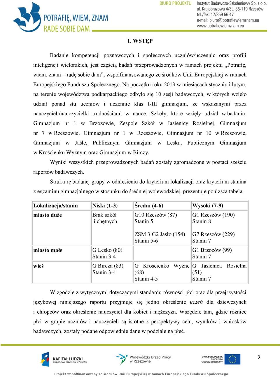 Na początku roku 2013 w miesiącach styczniu i lutym, na terenie województwa podkarpackiego odbyło się 10 sesji badawczych, w których wzięło udział ponad stu uczniów i uczennic klas I-III gimnazjum,