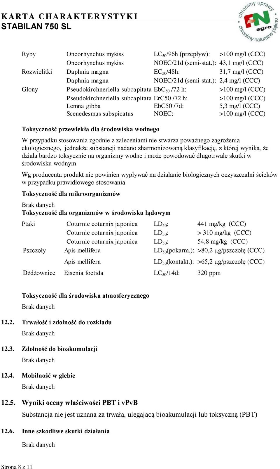 ): 2,4 mg/l (CCC) Glony Pseudokirchneriella subcapitata EbC 50 /72 h: >100 mg/l (CCC) Pseudokirchneriella subcapitata ErC50 /72 h: >100 mg/l (CCC) Lemna gibba EbC50 /7d: 5,3 mg/l (CCC) Scenedesmus