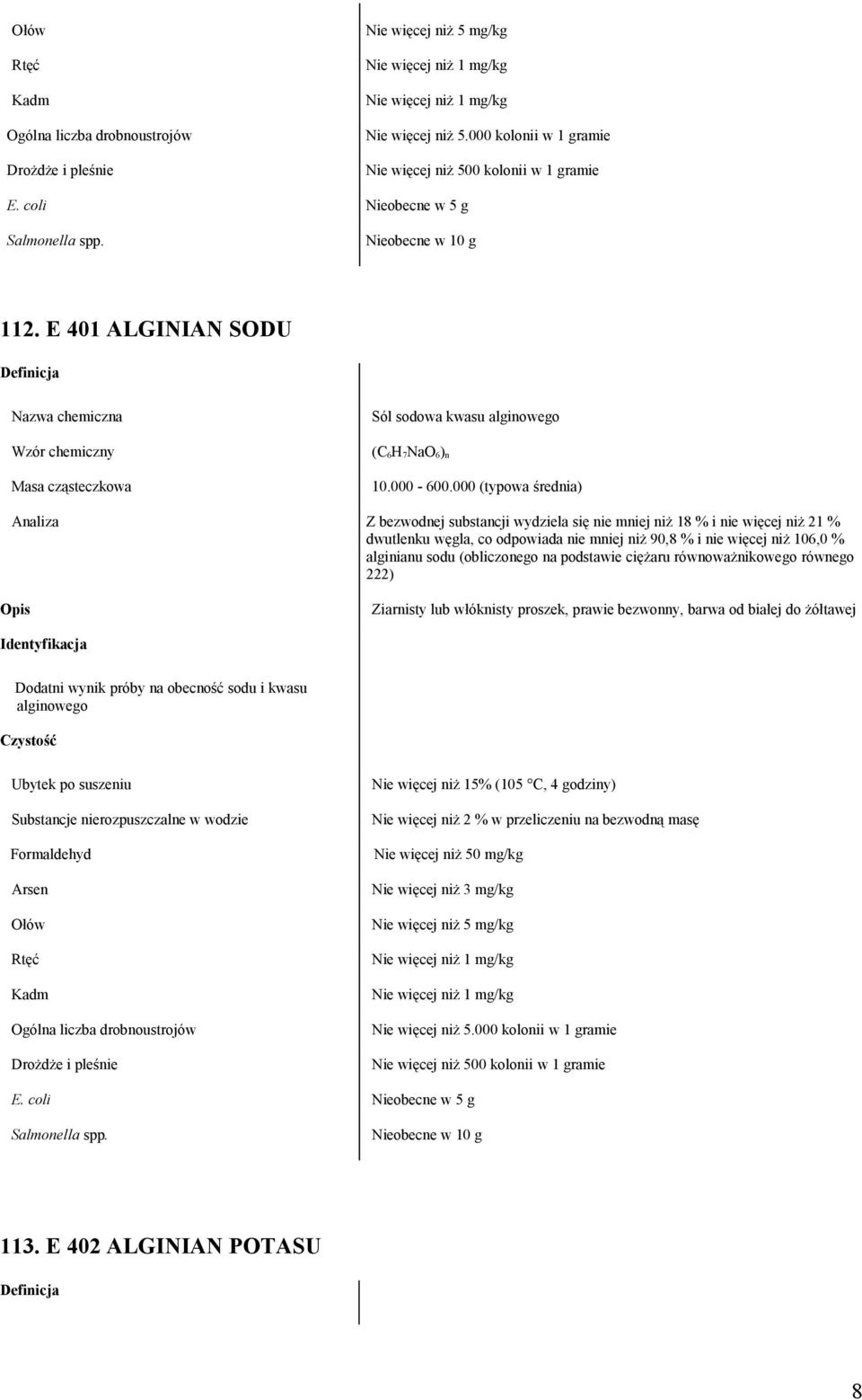 E 401 ALGINIAN SODU Nazwa chemiczna Sól sodowa kwasu alginowego Wzór chemiczny (C 6H 7NaO 6) n Masa cząsteczkowa 10.000-600.