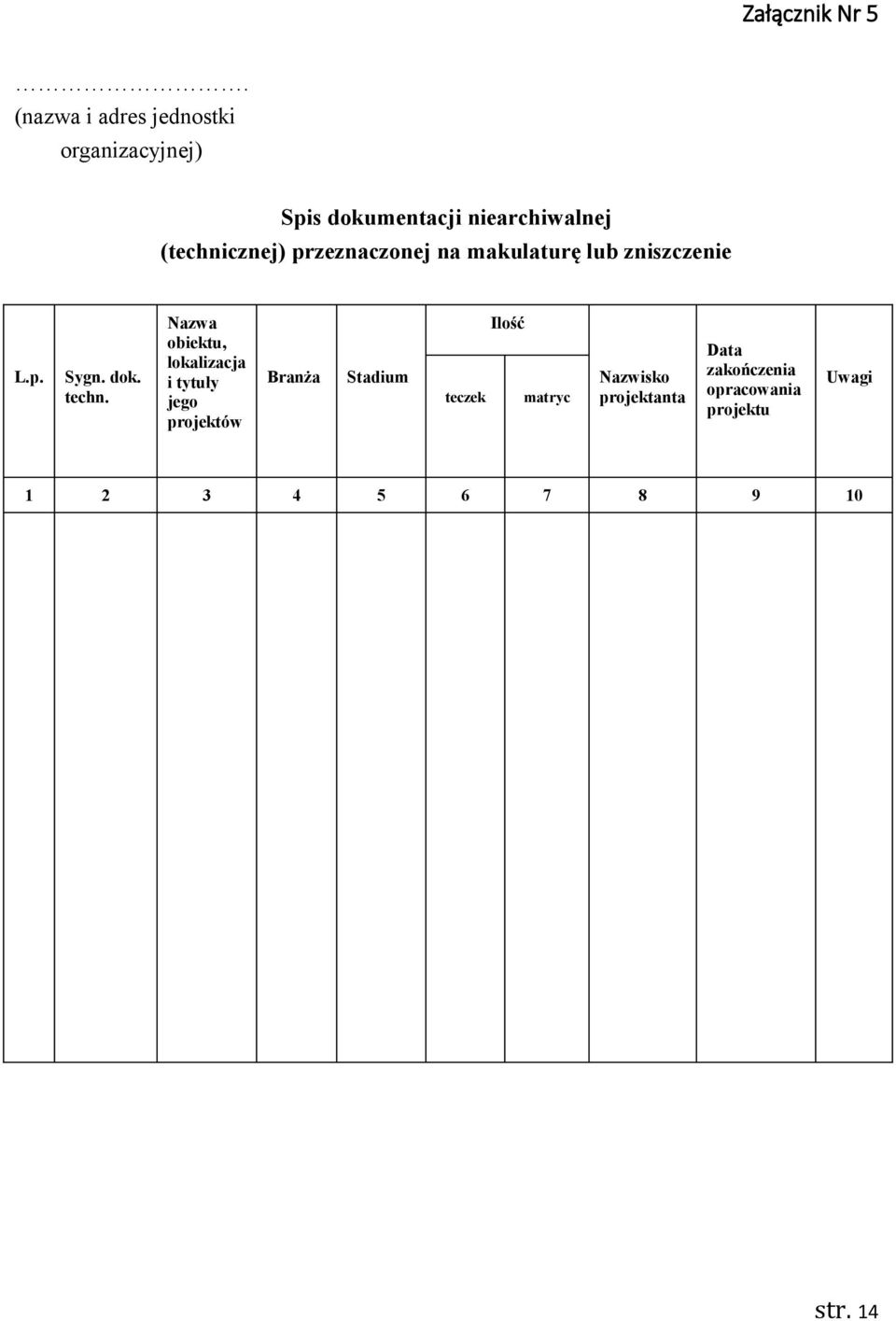 przeznaczonej na makulaturę lub zniszczenie L.p. Sygn. dok. techn.