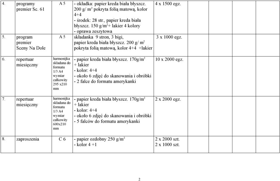 repertuar miesięczny harmonijka składana do formatu 1/3 A4 wymiar całkowity 295 x210 mm - papier kreda biała błyszcz.