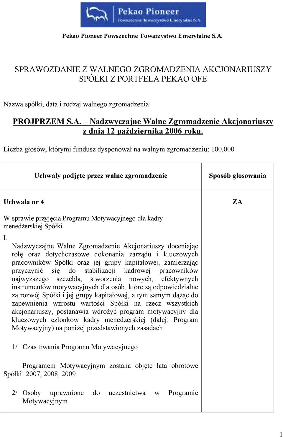 000 Uchwały podjęte przez walne zgromadzenie Sposób głosowania Uchwała nr 4 W sprawie przyjęcia Programu Motywacyjnego dla kadry menedżerskiej Spółki. I.