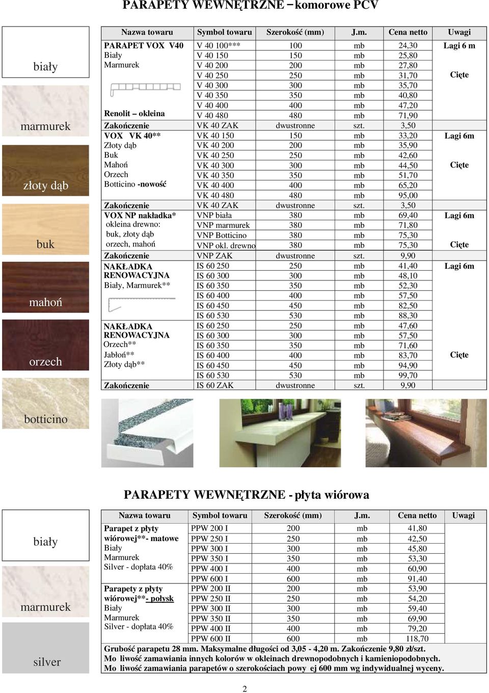 rmurek złoty dąb buk mahoń orzech Nazwa towaru Symbol towaru Szerokość (mm) J.m. Cena Uwagi PARAPET VOX V40 V 40 100*** 100 mb 24,30 Lagi 6 m V 40 150 150 mb 25,80 Marmurek V 40 200 200 mb 27,80 V 40