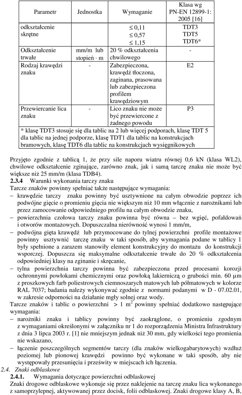stosuje się dla tablic na 2 lub więcej podporach, klasę TDT 5 dla tablic na jednej podporze, klasę TDT1 dla tablic na konstrukcjach bramowych, klasę TDT6 dla tablic na konstrukcjach wysięgnikowych