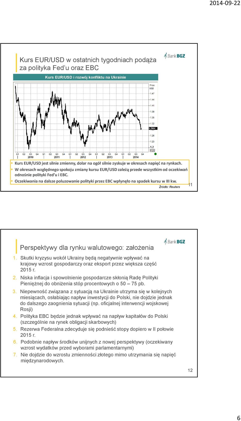 Oczekiwania na dalsze poluzowanie polityki przez EBC wpłynęło na spadek kursu w III kw. 11 Źródło: Reuters Perspektywy dla rynku walutowego: założenia 1.