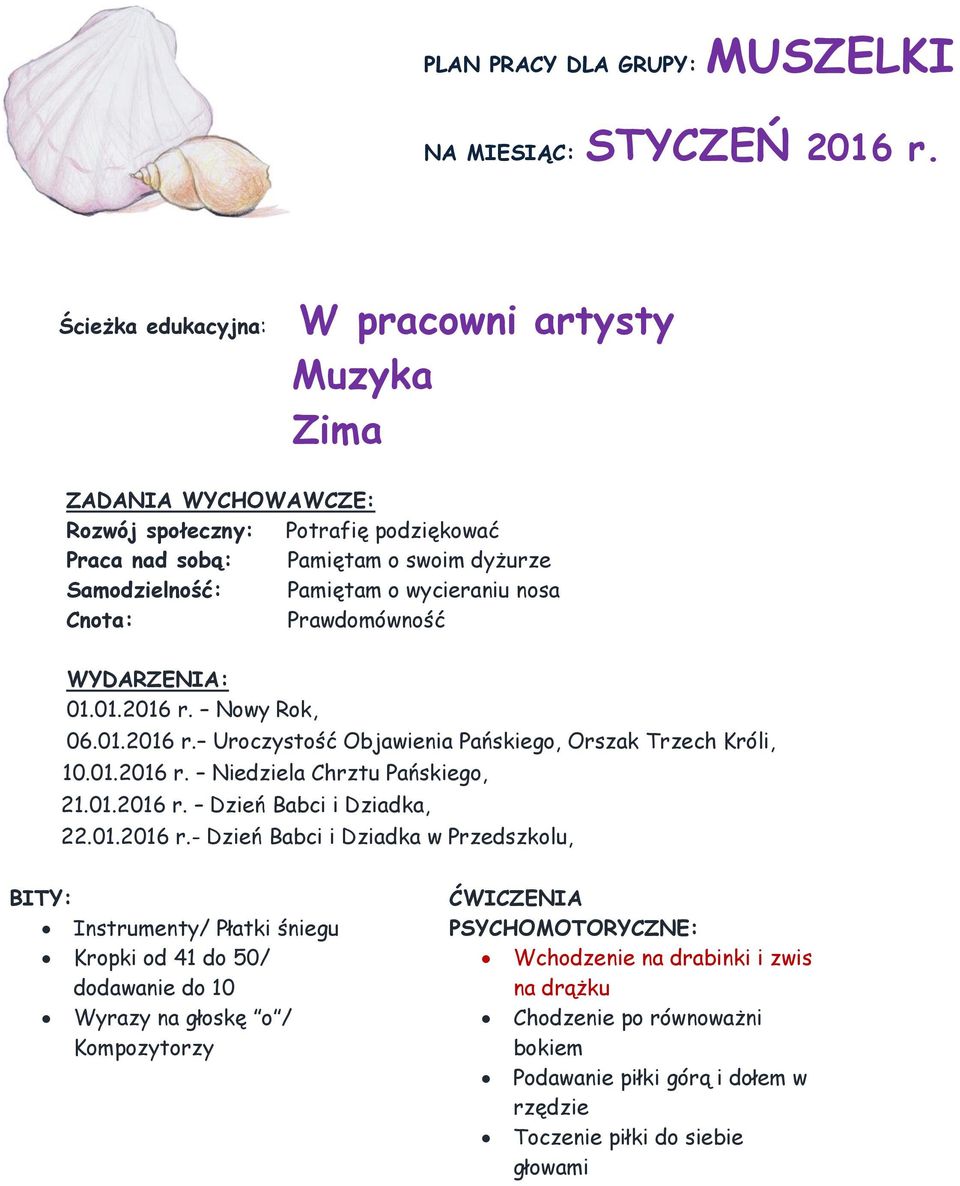 Cnota: Prawdomówność WYDARZENIA: 01.01.2016 r. Nowy Rok, 06.01.2016 r. Uroczystość Objawienia Pańskiego, Orszak Trzech Króli, 10.01.2016 r. Niedziela Chrztu Pańskiego, 21.01.2016 r. Dzień Babci i Dziadka, 22.