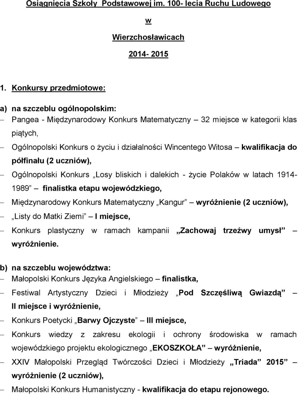 kwalifikacja do półfinału (2 uczniów), Ogólnopolski Konkurs Losy bliskich i dalekich - życie Polaków w latach 1914-1989 finalistka etapu wojewódzkiego, Międzynarodowy Konkurs Matematyczny Kangur