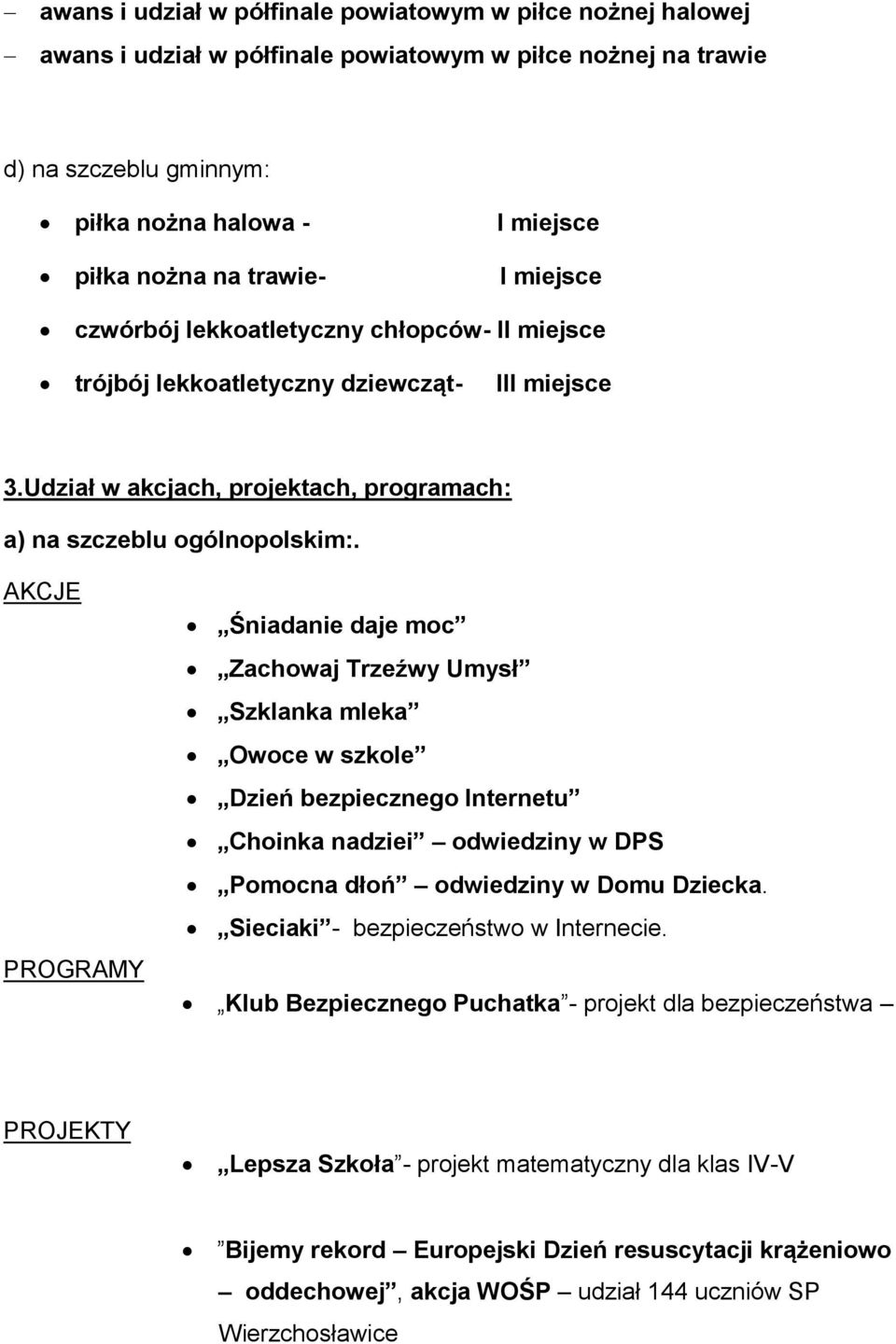 PROGRAMY Śniadanie daje moc Zachowaj Trzeźwy Umysł Szklanka mleka Owoce w szkole Dzień bezpiecznego Internetu Choinka nadziei odwiedziny w DPS Pomocna dłoń odwiedziny w Domu Dziecka.