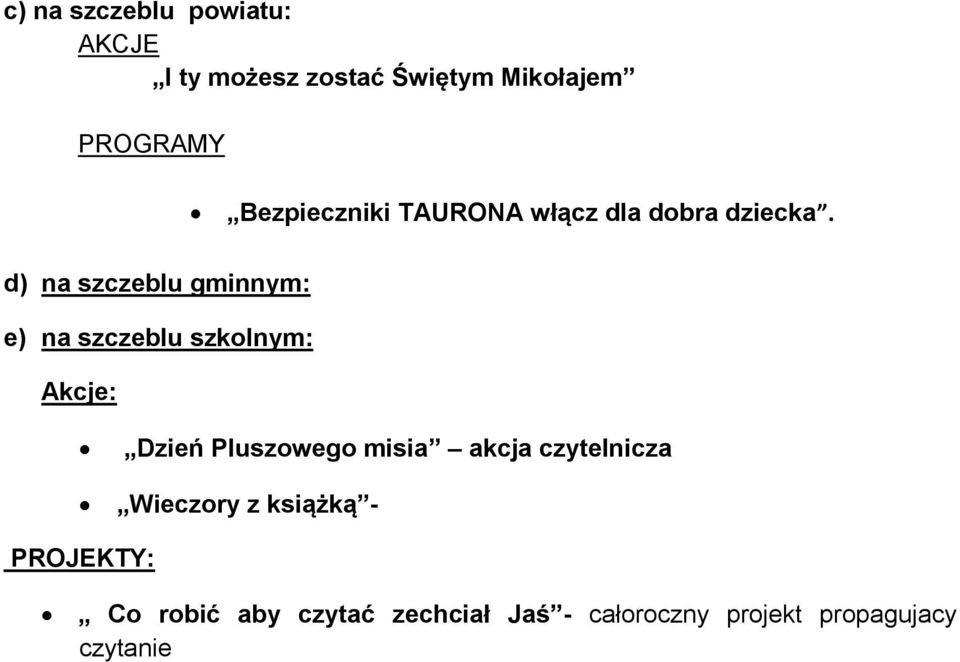 e) na szczeblu szkolnym: Akcje: Dzień Pluszowego misia akcja czytelnicza