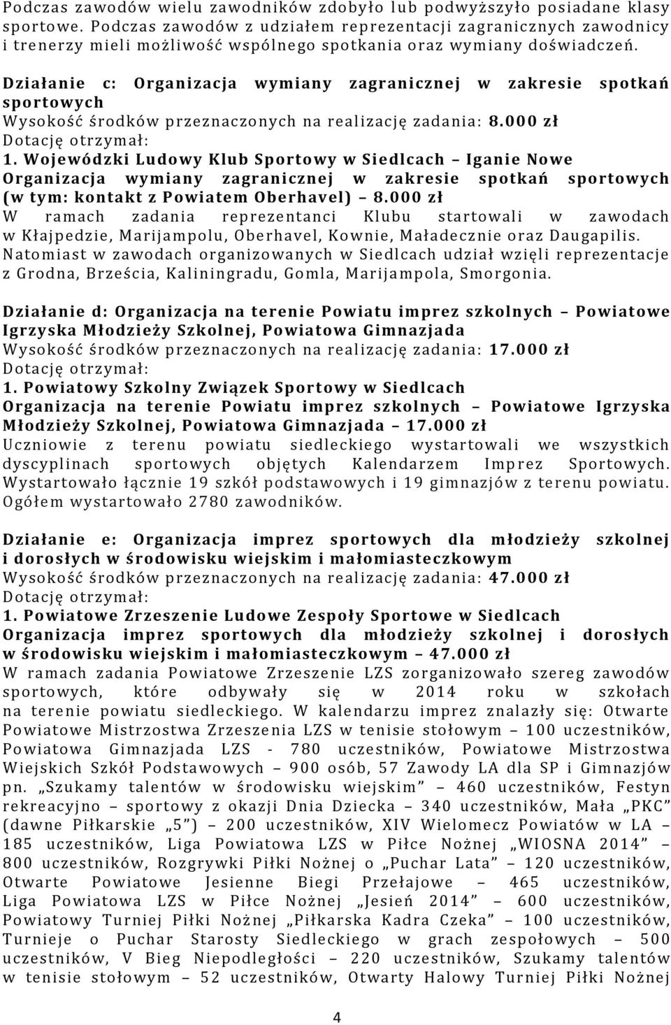 Działanie c: Organizacja wymiany zagranicznej w zakresie spotkań sportowych Wysokość środków przeznaczonych na realizację zadania: 8.000 zł Dotację otrzymał: 1.