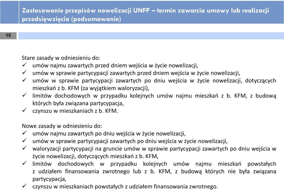 KFM (za wyjątkiem waloryzacji), limitów dochodowych w przypadku kolejnych umów najmu mieszkań z b. KFM,