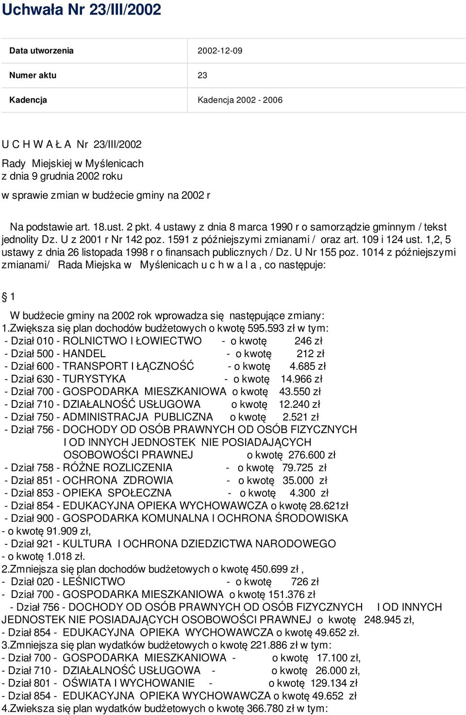 109 i 124 ust. 1,2, 5 ustawy z dnia 26 listopada 1998 r o finansach publicznych / Dz. U Nr 155 poz.